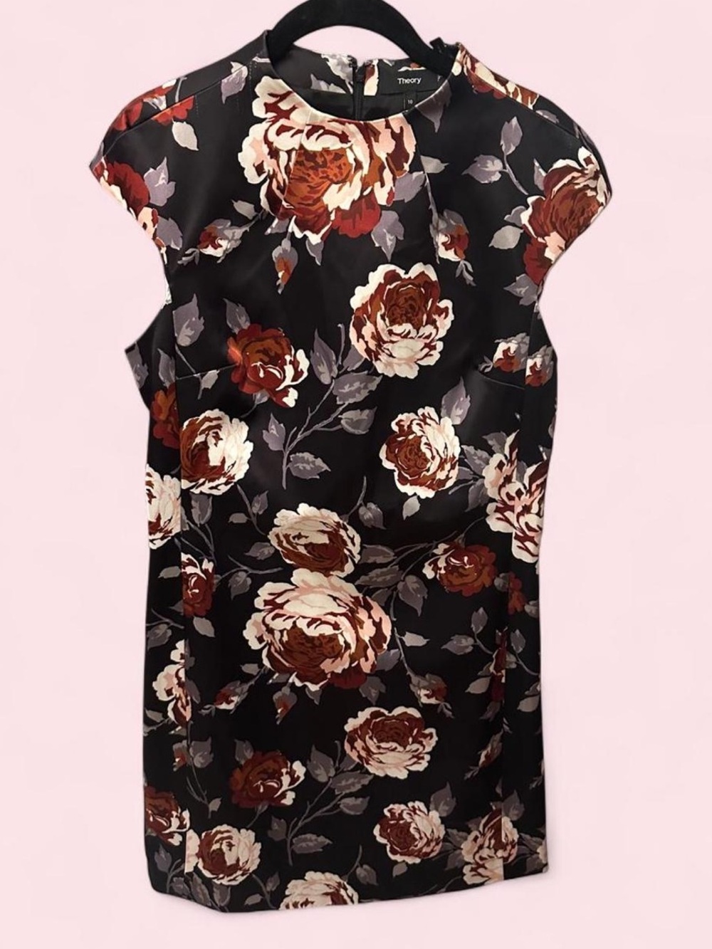 Theory Black Floral Cap-Sleeve Shell Top with Brown and Cream Roses